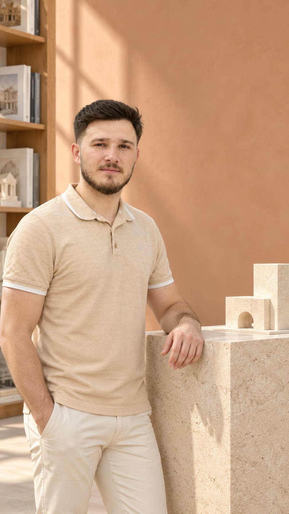 Berkcan Çötür kitaplık önünde